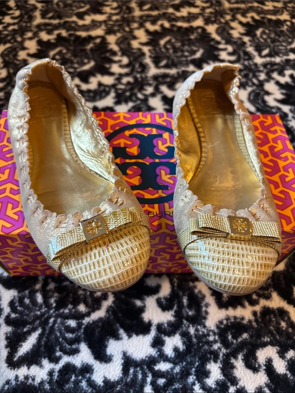 Tory Burch Metallic Gold Leather Ballet Flats with Bow Accent